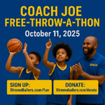 Coach Joe Free-Throw-A-Thon with kids shooting basketballs at Coffey Courts