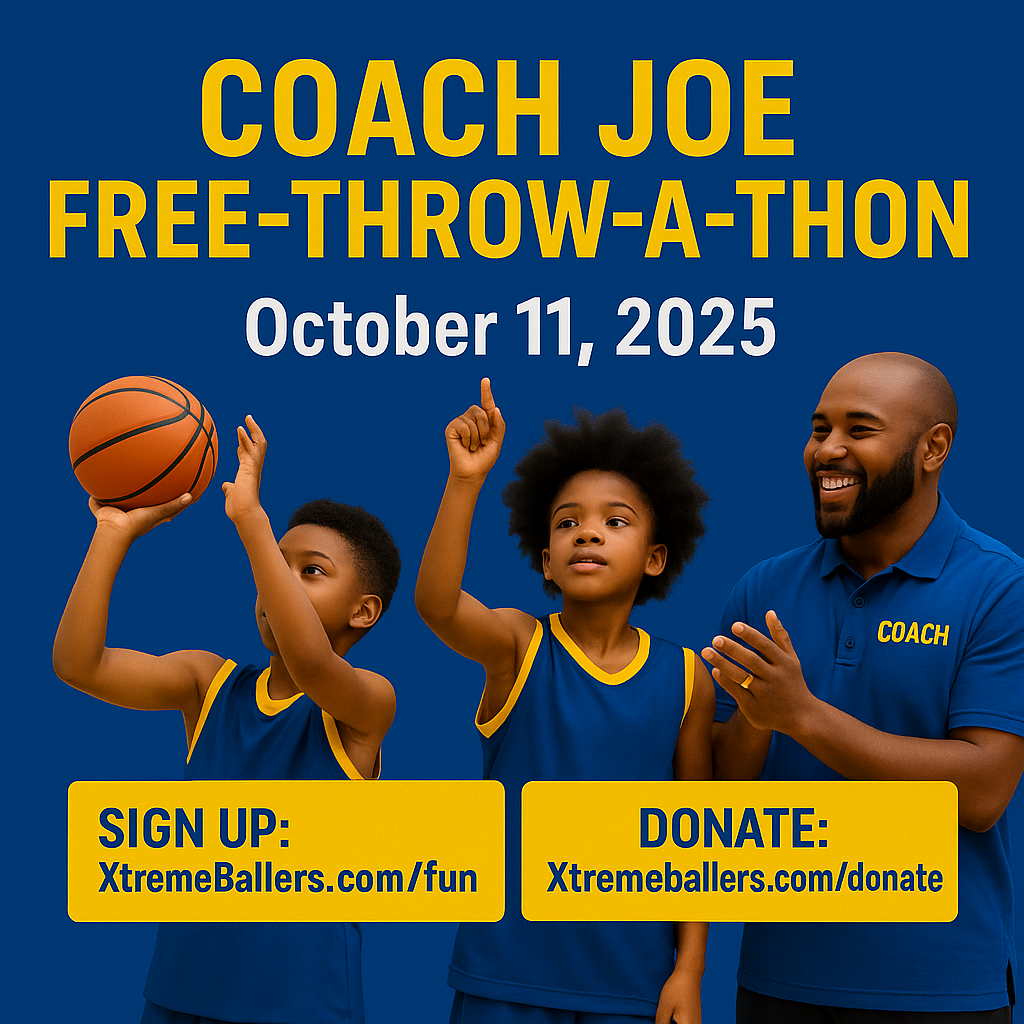 Coach Joe Free-Throw-A-Thon with kids shooting basketballs at Coffey Courts